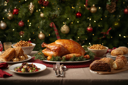 Christmas meal with a golden brown baked turkey, a variety of salads, cakes and assortment of freshly baked  Generated AI.の素材
