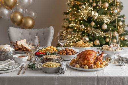 The Christmas Dinner table with roasted turkey, mashed potatoes, sugar cookies and a vibrant Christmas tree in the background. Generated AI.の素材