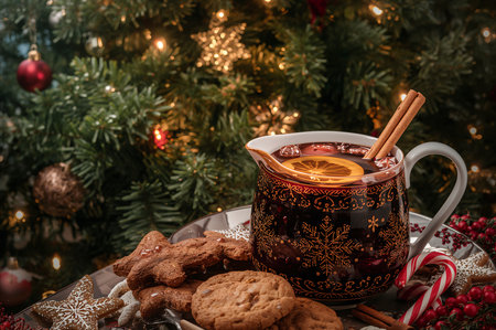 A Beautiful decoration of Christmas mulled wine set against a backdrop of an illuminated Christmas tree. Generated AI.の素材