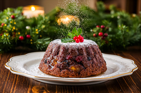 A Christmas pudding topped with icing sugar and a bunch of crimson berries with lgreen leaves in white ceramic plate with Christmas fir branch in the background. Generated AI.の素材