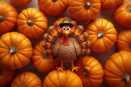 A cartoon turkey standing on  agricultural products, pumpkins, Symbol of Thankgiving day. Generated AI.の素材