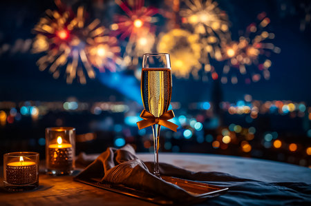 A new year card show a glass of champagne and fireworks in the night sky. Generated AI.の素材