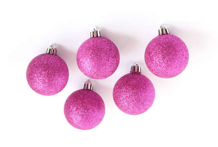 purple christmas tree bauble decorations isolated on white backgroundの写真素材