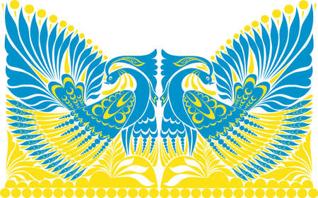 vector ornament. folklore ornament withe bird blue yellowのイラスト素材