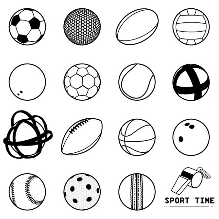 Illustration of black and white contour balls icons of different sports and whistle SPORT TIMEの写真素材