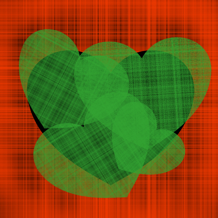 Contrast illustration for Valentine's day many green hearts of different sizes on a black heart on a background of red intertwined threadsの写真素材