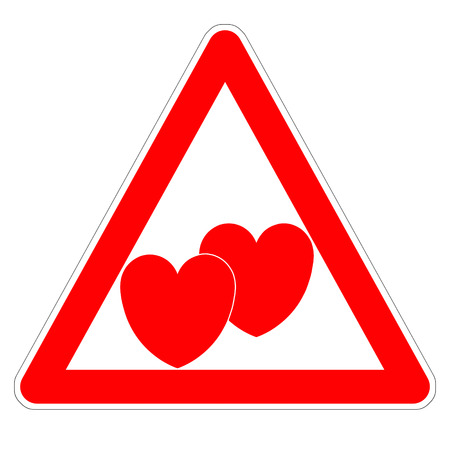 Illustration of the triangular sign Â«Attention, lover!Â» on Valentine's day two red heartsの写真素材