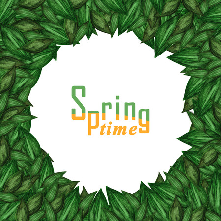 Illustration of round frame Spring time with lots of green watercolor leavesの写真素材