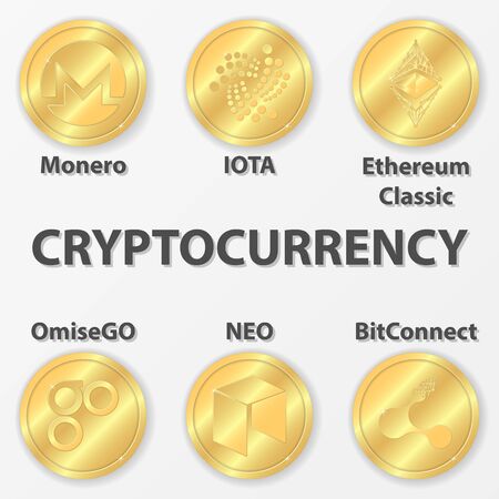 Set of 6 cryptocurrency icon. Golden monero, iota and etcのイラスト素材