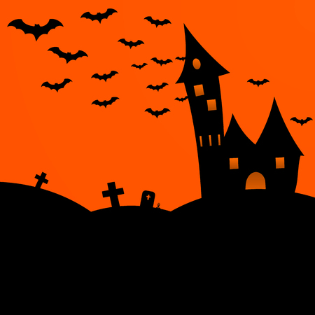 Halloween dark castle with bats in flat illustration.のイラスト素材