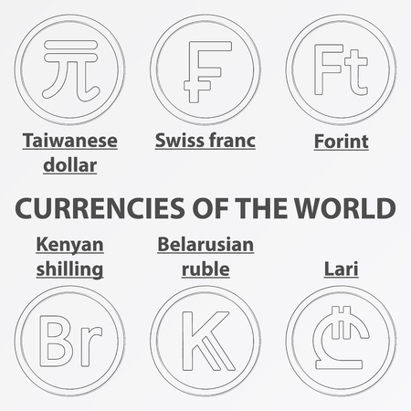 Set of six lineart icon with currency signs of the world. Lineart swiss franc, taiwanese dollar, forint, kenyan shilling, belarusian ruble and lari.のイラスト素材