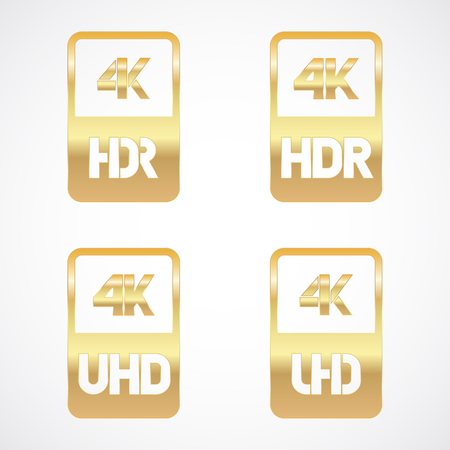 4K Ultra HD and HDR gold icon set. Vector illustration on white backgroundのイラスト素材