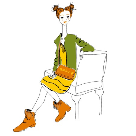 Young red-haired girl in boho style. For t-shirts print, phone case, posters, bag print, cup print or notepad cover. Vector illustration.のイラスト素材