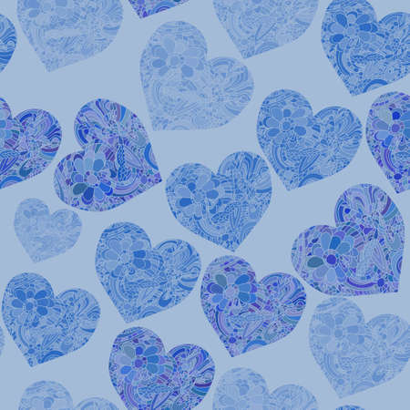 Seamless pattern with doddle hearts in blue colors .Vector background