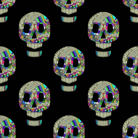 Colorful skulls on black background - seamless pattern. Vector vivid collection.のイラスト素材