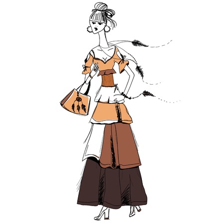 The girl in Gypsy dress. Boho style.  Linear pattern on a white background.  For t-shirts print, phone case, posters, bag print, cup print, girls diary or notepad coverのイラスト素材