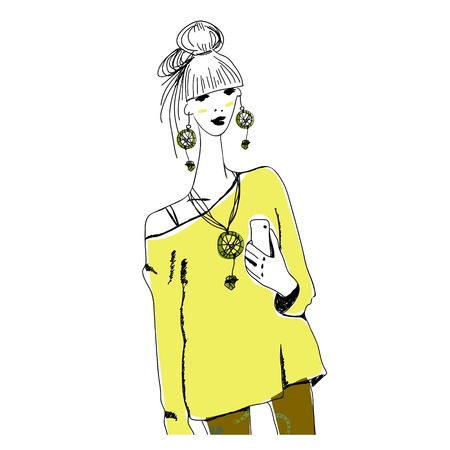 Young fashion woman in boho style with phone doing selfie. For t-shirts print, phone case, posters, bag print, cup print or notepad cover.Vector illustration.のイラスト素材