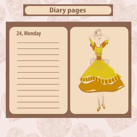 Diary or note pages with illustration of young fashion woman in boho style . Vector illustration.のイラスト素材
