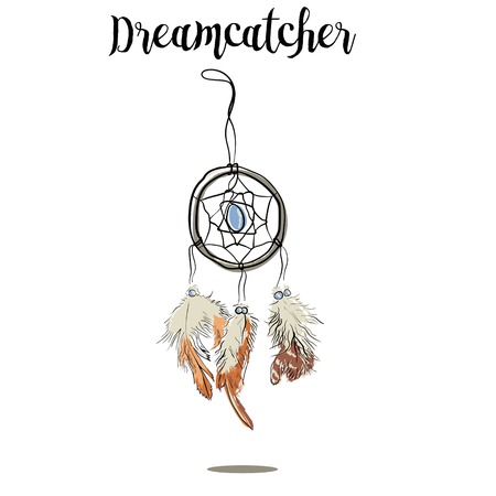 Hand-drawn with ink dreamcatcher with feathers. Ethnic illustration, tribal, American Indians traditional symbol. Tribal theme. Colorful dream catcherのイラスト素材