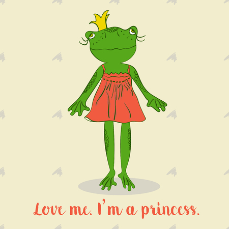Cute cartoon frog princess in red dress, For childer book, shop of toy or t-shirt print.  Card with frog pruncess on beige background.のイラスト素材