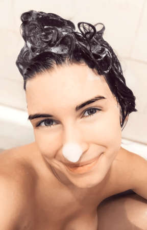 woman in bath cute smiling in water. bathes relaxes