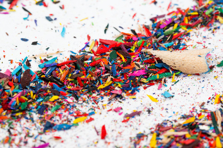 Small shavings from color pencils on grey backgroundの写真素材