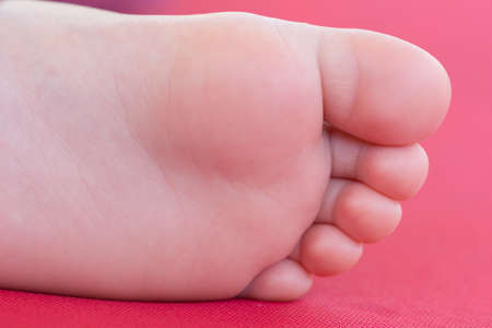Children's leg on a red background closeupの写真素材