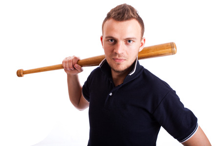 Angry man hand holding baseball bat isolated on white. Violence and aggression concept