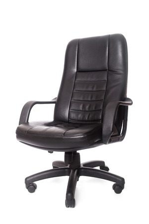 Black leather office chair isolated on whiteの写真素材