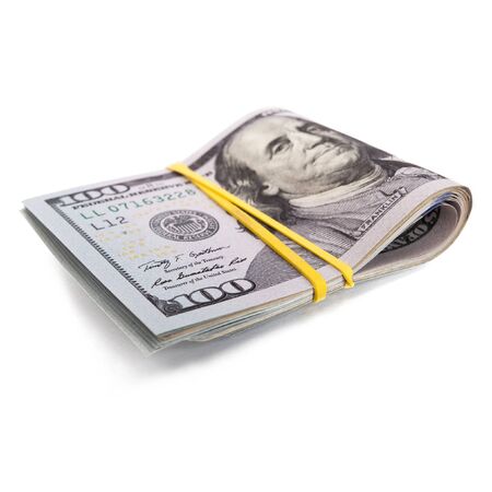 roll of 100 bill dollars isolated on white backgroundの写真素材