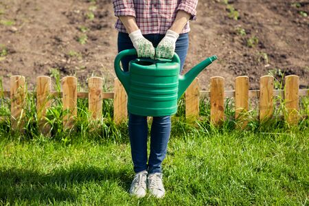Gardening in summer. Woman with water potの写真素材