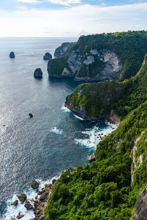 Waves on beautiful sea rocky coastline with green trees, aerial view