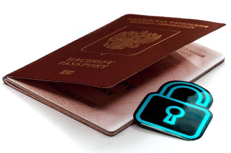 Passport with a lock. Symbol of the prohibition of departure abroad due to the coronavirus pandemic....