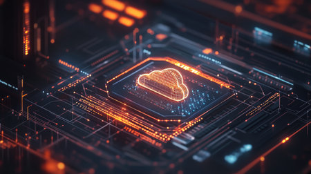 A close-up of a digital interface with a holographic cloud icon and multiple data lines surrounding it.の素材