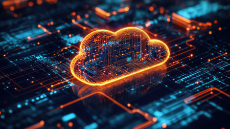 A futuristic hologram of a cloud icon with glowing circuits connected to different devices, symbolizing IoT and cloud connectivity.の素材