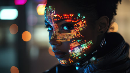 A close-up of a futuristic android woman with holographic data projections illuminating her face, metallic skin glowing with integrated circuits and tech symbols.の素材