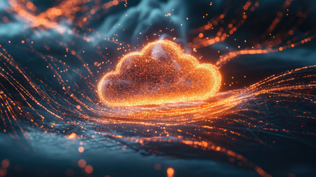 A glowing cloud icon hologram projected in mid-air, surrounded by data streams and digital particles.の素材