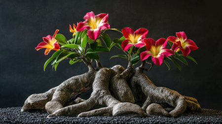 Adenium plant with intricate, thick roots and vivid flowers, growing in a small zen garden.の素材