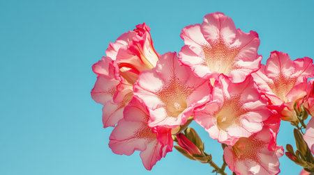 Vibrant pink Adenium flowers blossoming against a clear blue sky, emphasizing their striking beauty.の素材