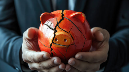 Investment Risk Concept: A businessman holding a cracked piggy bank, illustrating the potential for loss in high-risk investments and the need for cautious decision-making in financial planning.の素材