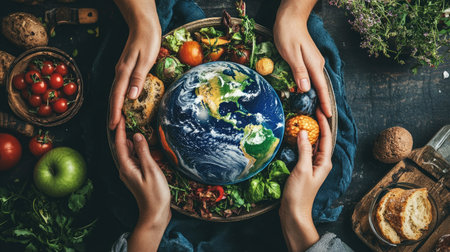 The Earth is shown on a plate as part of a larger meal, symbolizing the shared responsibility to feed the worlds population sustainably on World Food Day.の素材