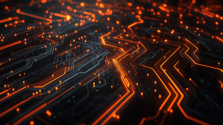 Abstract tech design with swirling lines, data points, and glowing circuits, offering a visually striking background for technology projects.の素材