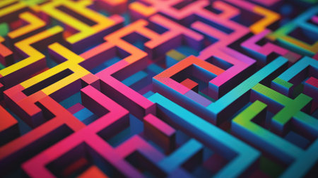 High-resolution geometric pattern with fine, sharp lines creating a maze-like structure in bright colors, offering a playful and dynamic background.の素材