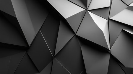 High-resolution abstract background of geometric lines forming overlapping triangles, set in monochrome for a sleek and futuristic aesthetic.の素材