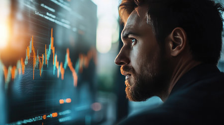 Investment Risk Warning: A high-resolution image of a businessman looking at a downward stock chart, illustrating the risk and uncertainty involved in investing, with a focus on market volatility.の素材