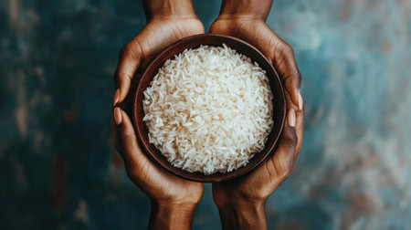 Close-up of hands holding a bowl of rice, symbolizing global solidarity and the fight to eradicate hunger on World Food Day.の素材