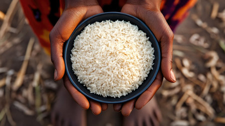 Close-up of hands holding a bowl of rice, symbolizing global solidarity and the fight to eradicate hunger on World Food Day.の素材