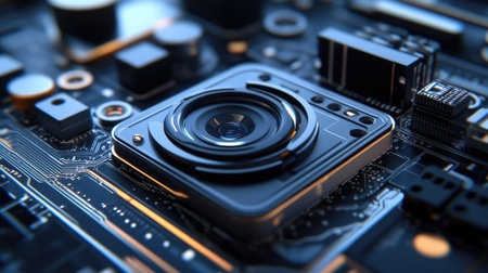 A smartphone camera module, zoomed in to showcase the multiple lenses and sensors used for high-quality photography.の素材