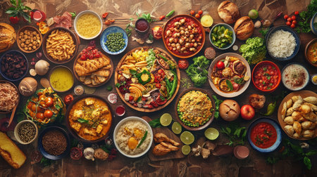 A high-resolution image featuring a diverse spread of global cuisines, symbolizing unity and the importance of food security for World Food Day.の素材