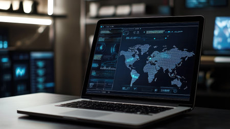 A laptop on a desk displaying a real-time network connection monitor, with digital maps and data flow visualizations.の素材